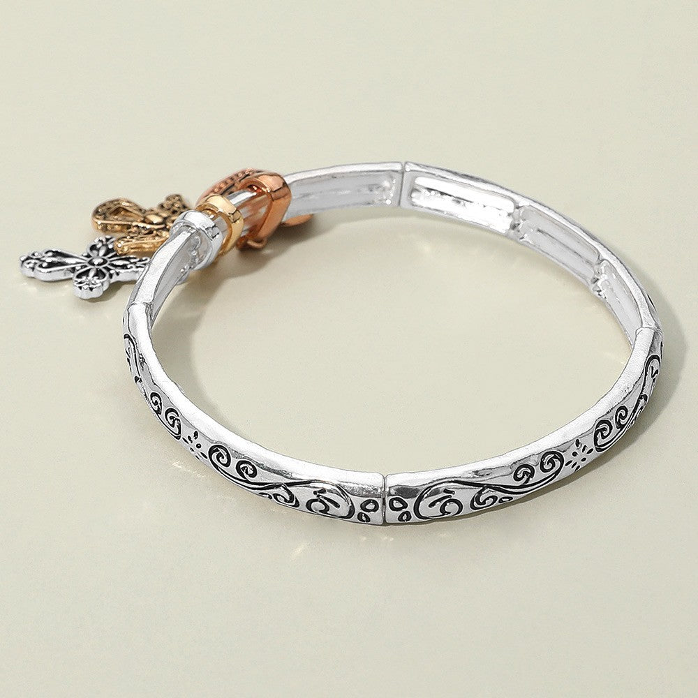 John 3:16 Stretch Bracelet Silver Tone Heart Angel Cross Charms Christian Gift