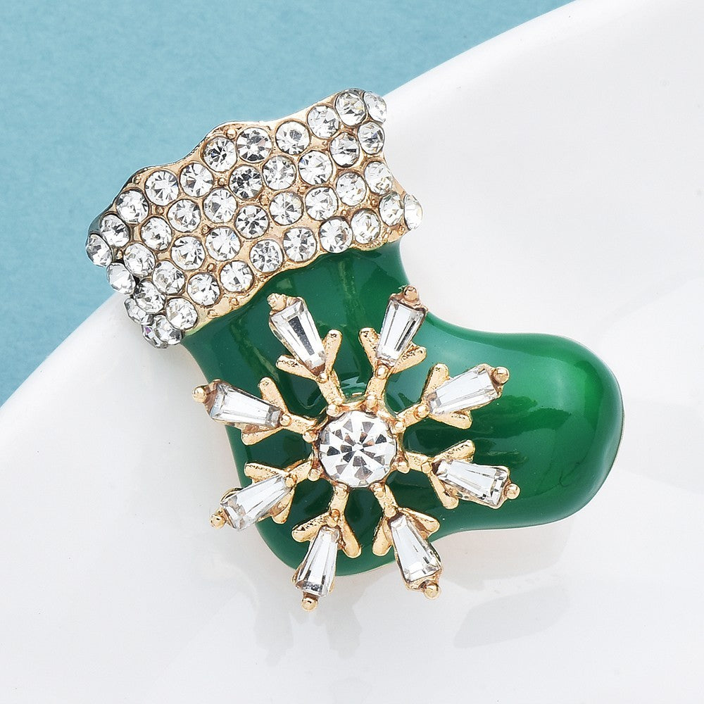 2pc Christmas Stocking Brooch Pin Set Rhinestone Crystal Snowflake Green Red