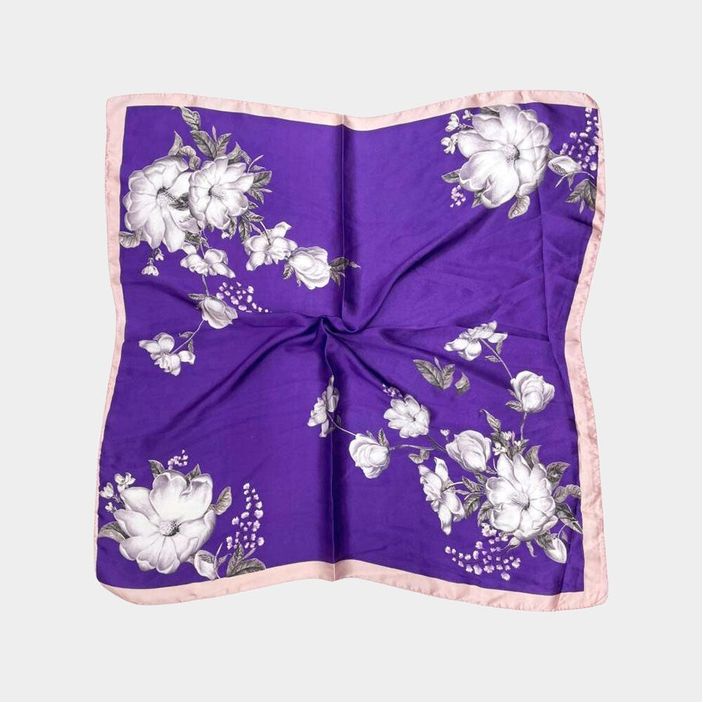 Purple Floral Print Silky Satin Square Scarf with Pink Border for Women 27x27