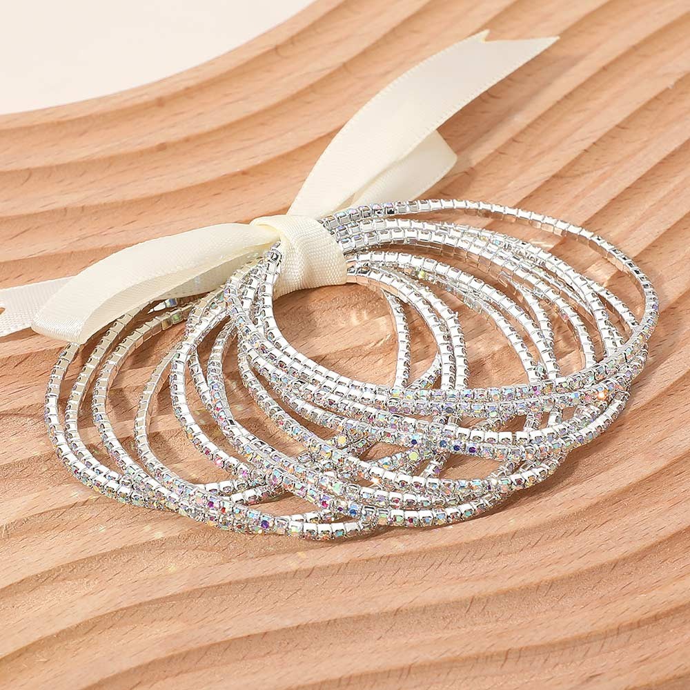 12pc Silver AB Crystal Stretch Bracelet Set Stackable Sparkly Ribbon Boho
