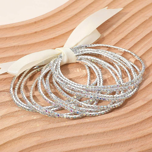 12pc Silver AB Crystal Stretch Bracelet Set Stackable Sparkly Ribbon Boho