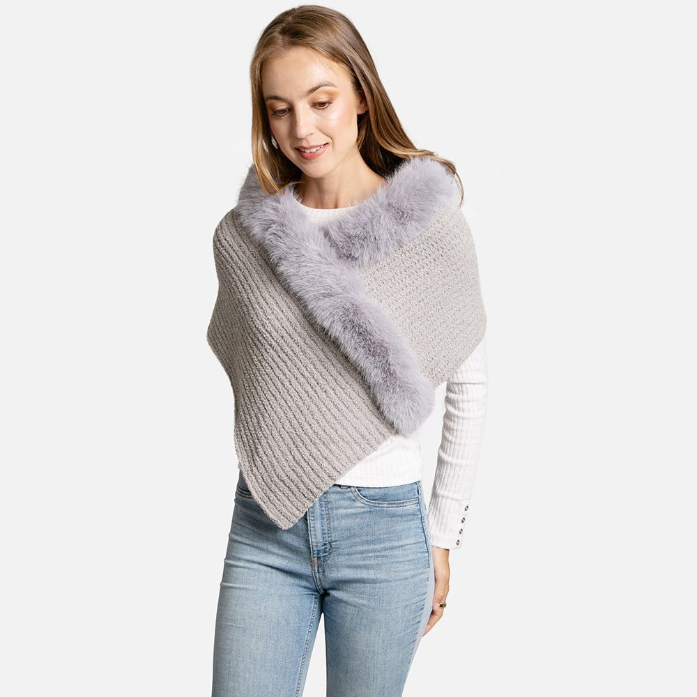 Gray Knit Shawl Wrap Faux Fur Trim Cable Sweater Capelet One Size