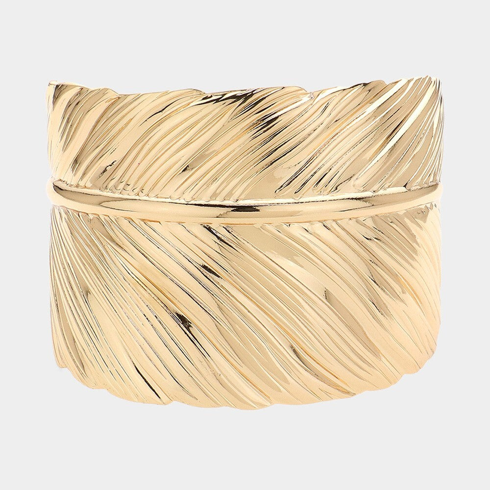 Gold Tone Textured Leaf Cuff Bracelet Bold Nature-Inspired Statement Jewelry