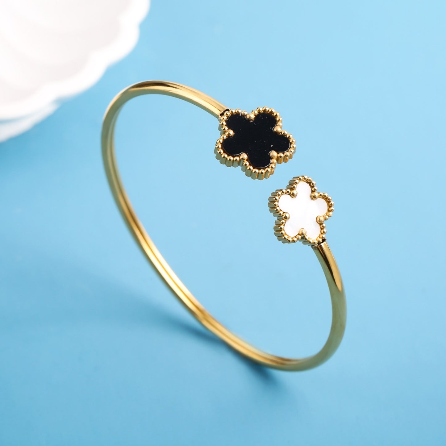 Gold Tone Open Bangle Bracelet with Black & White Clover Charm, Fashion Jewelry