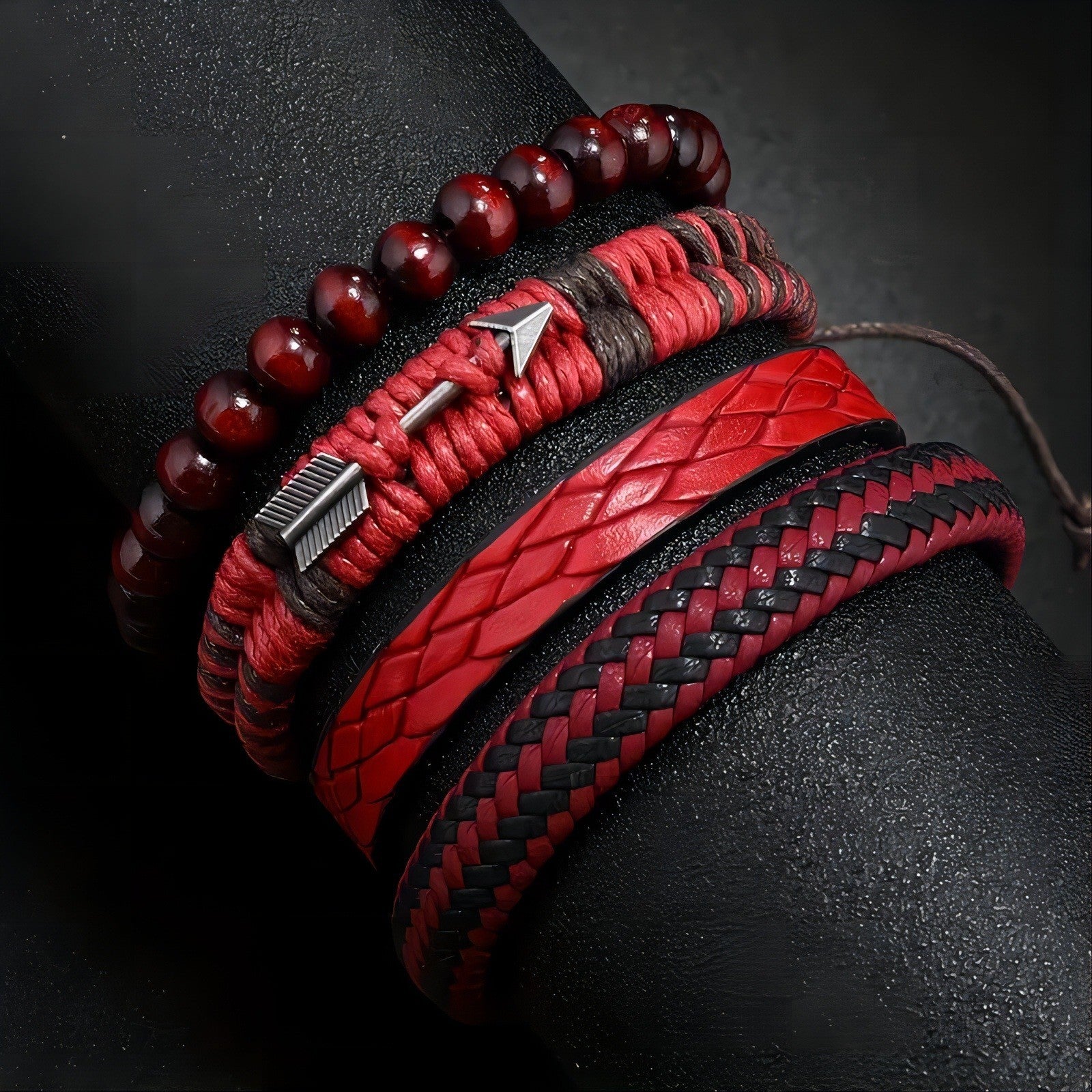 Red & Black Stacked Arrow Leather Bead Men's Bracelet Set - Adjustable Braided S