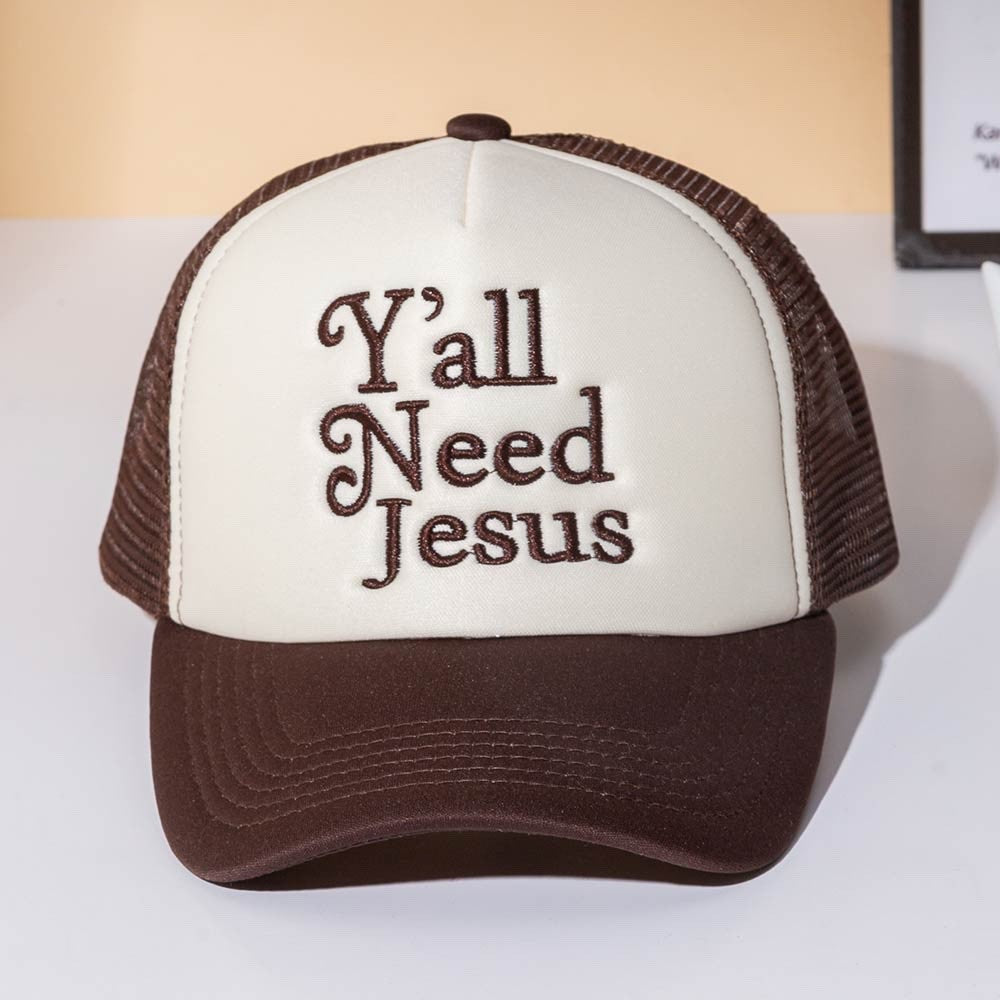 Rustic Brown & Cream Y'all Need Jesus Embroidered Trucker Baseball Cap