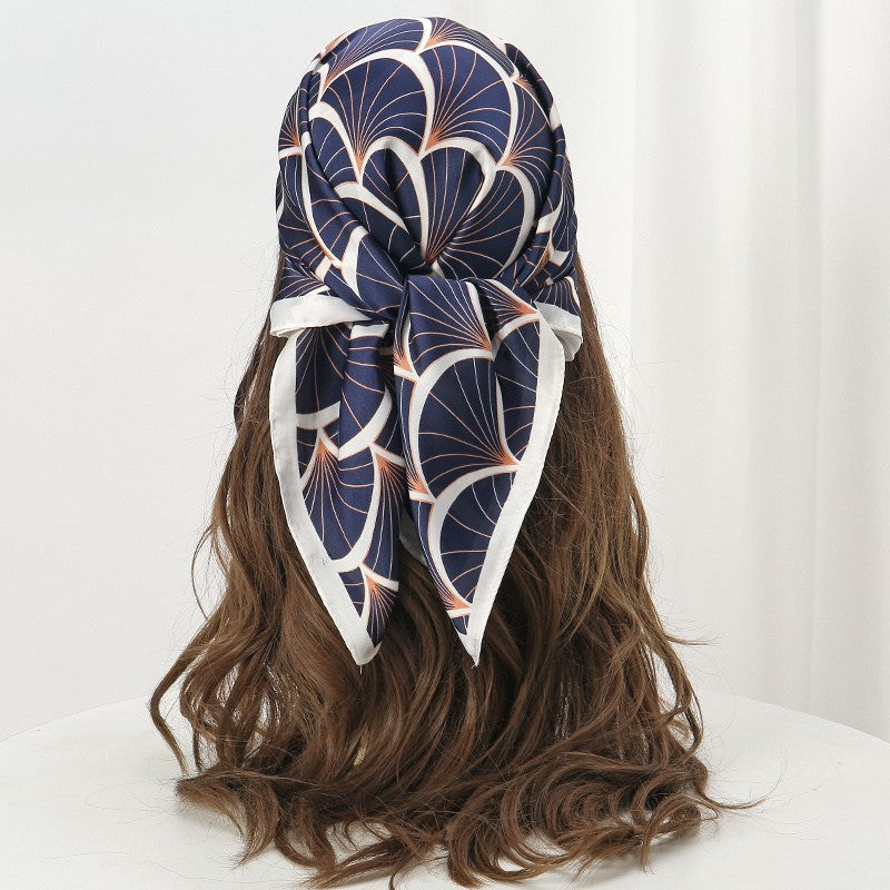 Art Deco Fan Print Square Scarf Navy Blue Gold Satin Feel 27.5" x 27.5"