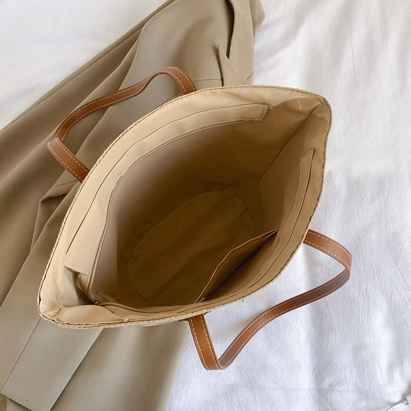 Women’s Large Capacity Paper  Woven Shoulder Bag Summer Basket Handbag Beige