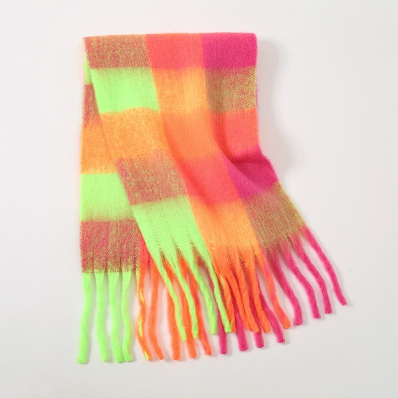 Neon Plaid Tassel Scarf Oversized Blanket Shawl Thick Winter Wrap Hot Pink