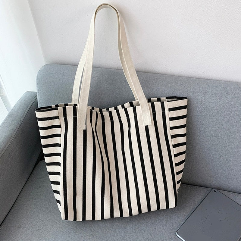Large Canvas Tote Bag Striped Black White Shoulder Handbag Cotton Beach Shopper