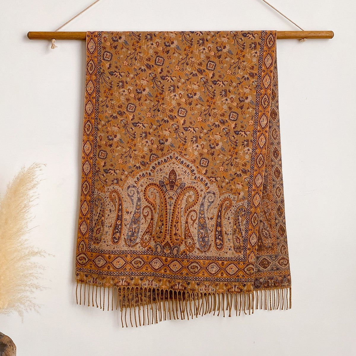 Paisley Scarf Cashmere Feel Soft Polyester 25in x 79in Brown Orange Fringe Wrap