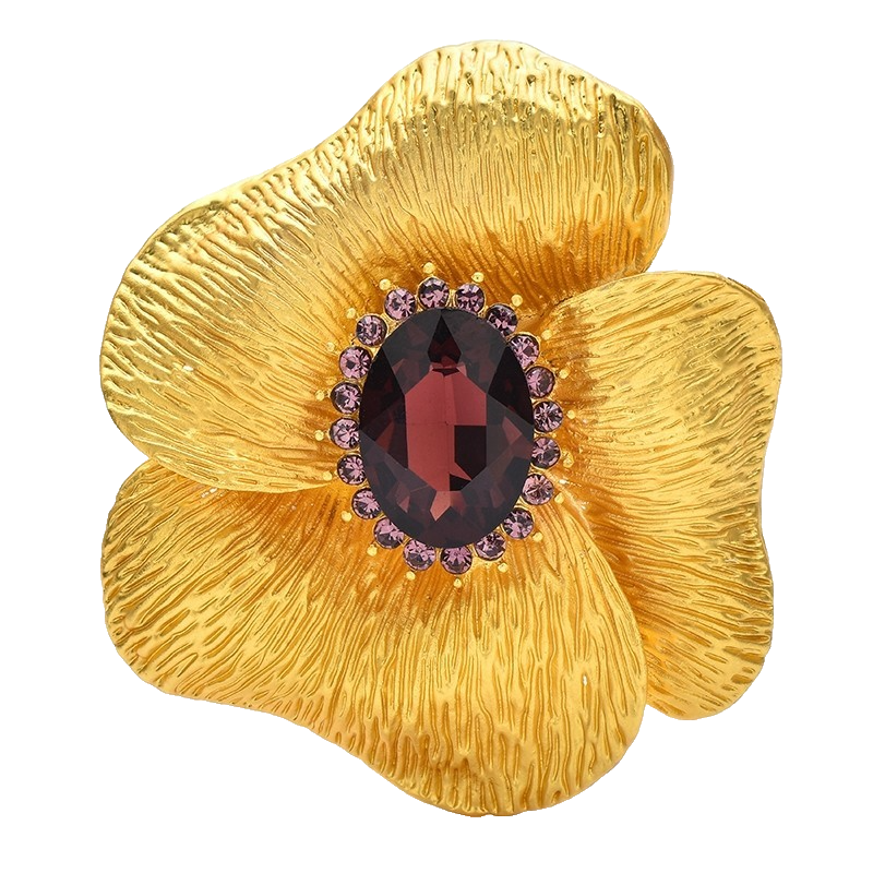 Large Gold Tone Flower Brooch Pin Burgundy Purple Rhinestone Vintage Style
