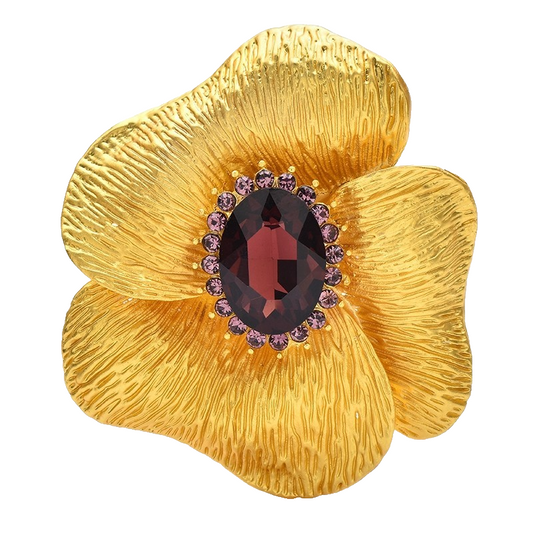 Large Gold Tone Flower Brooch Pin Burgundy Purple Rhinestone Vintage Style