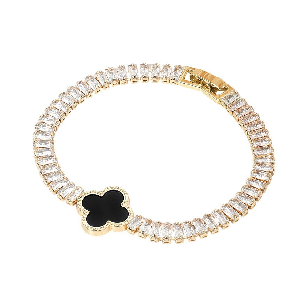 CZ Baguette Cluster Quatrefoil Charm Fold Over Closure Black & Gold Bracelet