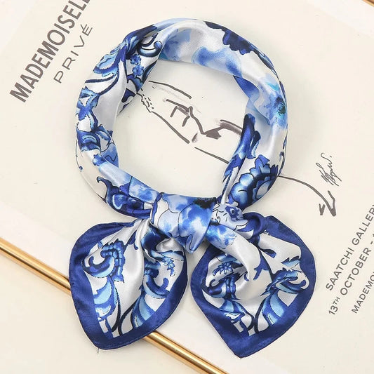 Blue and White Porcelain Satin Silk Square Scarf Digital Print Headscarf Ladies