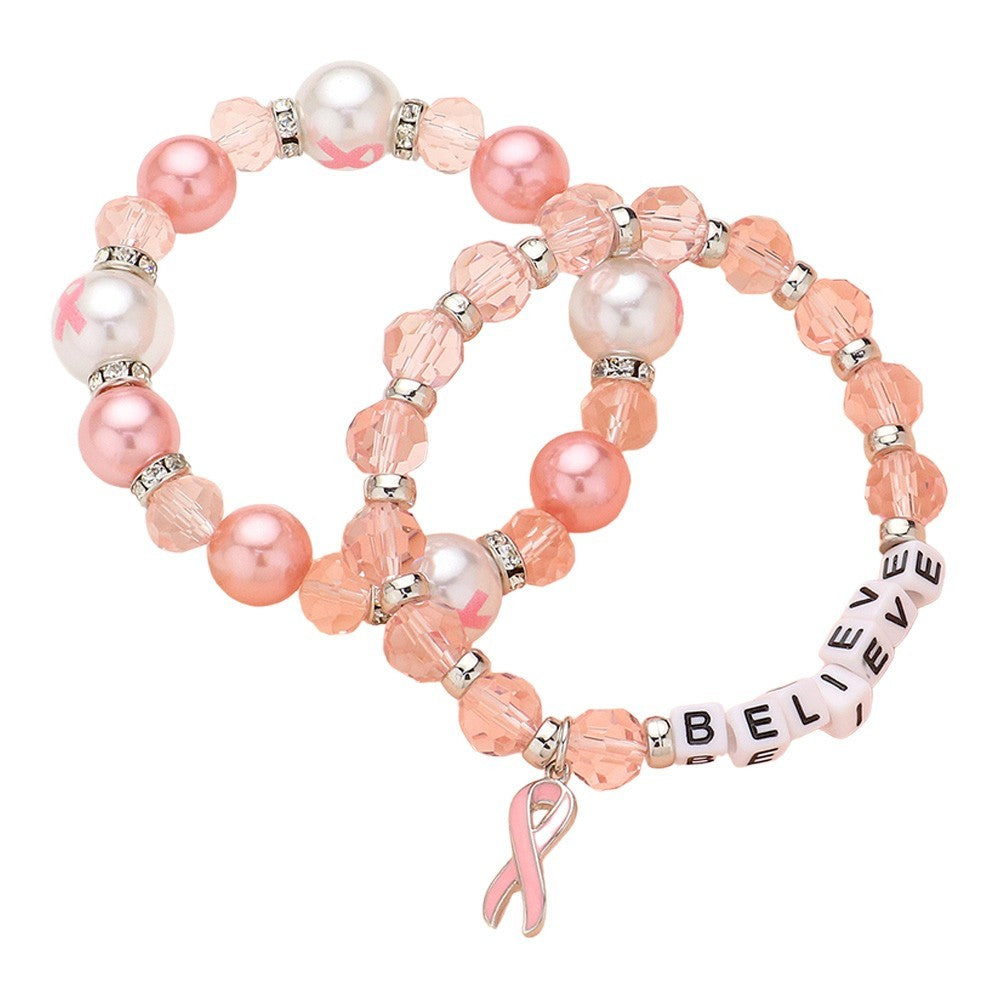 2PCS BELIEVE Message Pointed Pink Ribbon Beaded Stretch Double Layered Bracelets