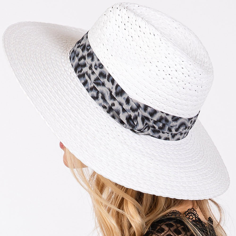 Leopard Band Straw Sun Hat for Women Wide Brim Summer Beach Travel Hat White