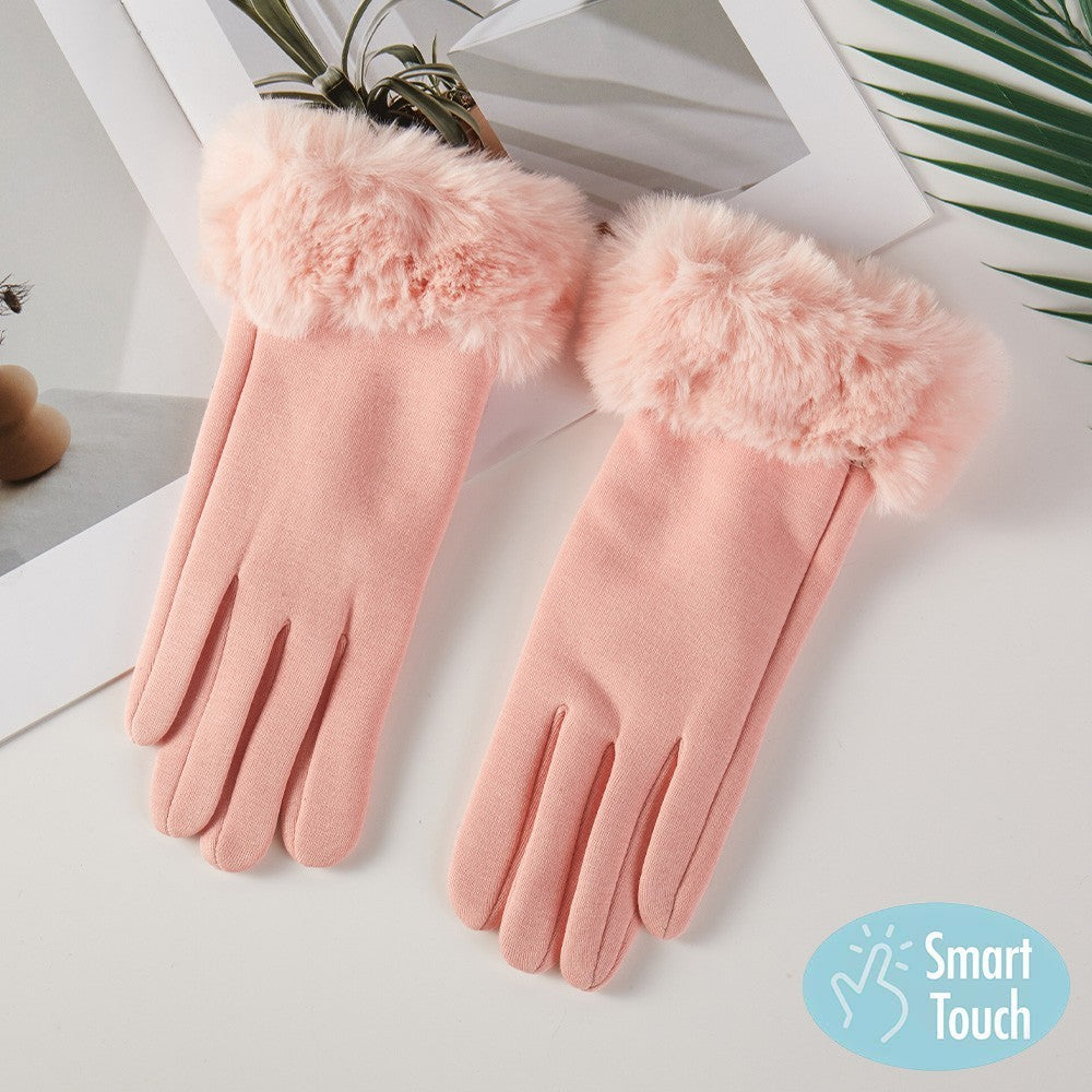 2pcs Black & Pink Faux Fur Gloves Set Winter Touchscreen Accessory for Women