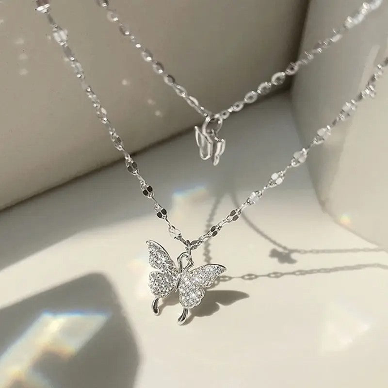 Layered Butterfly Charm Necklace for Women Silver Plated Double Chain