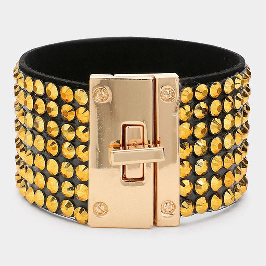 Gold Tone Rhinestone Wide Cuff Bracelet with Turn Lock Closure Bold Statement