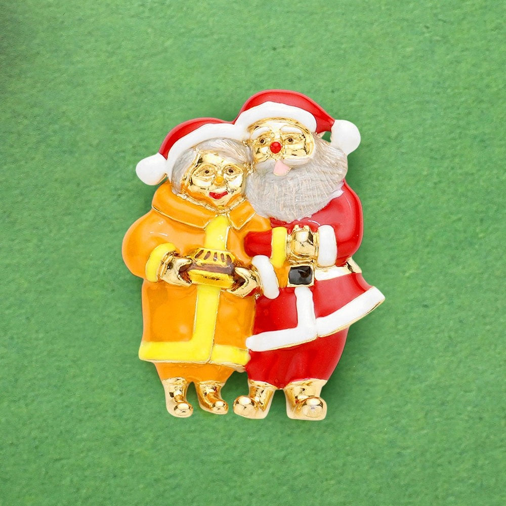 Enamel Santa and Mrs. Claus Christmas Holiday Brooch Gold Tone Festive Pin