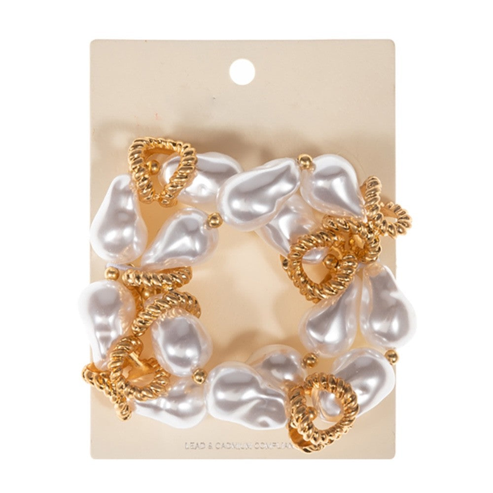 2pc Elegant Baroque Faux Pearl Stretch Bracelet Set Gold Tone Statement Accents