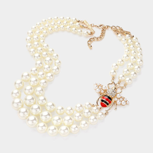2pc Bee Faux Pearl Triple Strand Statement Necklace Earrings Jewelry Set New