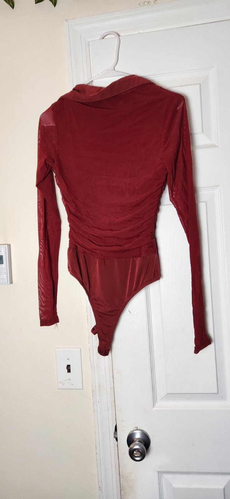 Don't Ruche Love Burgundy Mesh Ruched Long Sleeve Bodysuit for Women Medium