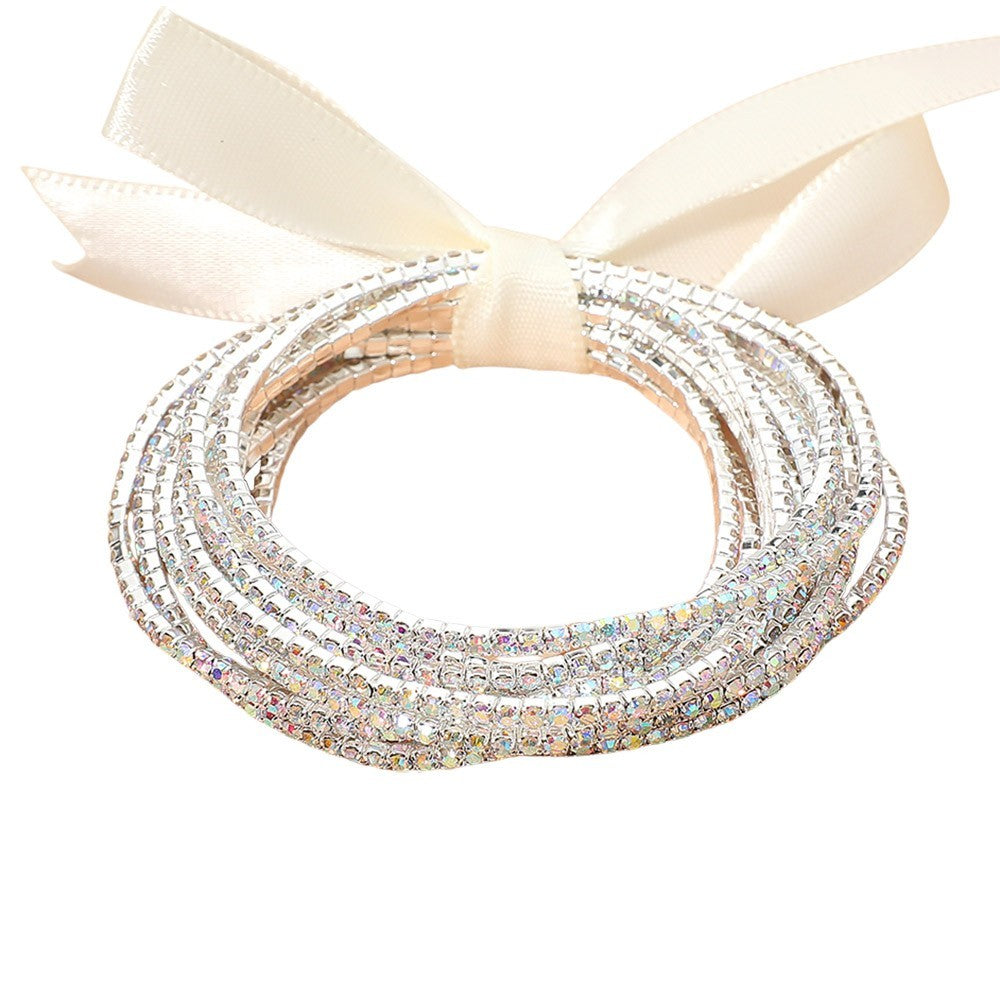 12pc Silver AB Crystal Stretch Bracelet Set Stackable Sparkly Ribbon Boho