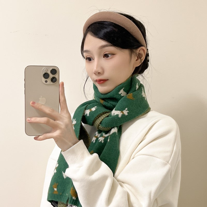 Green Knit Dog Animal Pattern Scarf Long Warm Winter Wrap Unisex Gift New