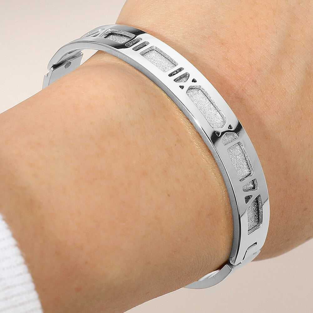 Stainless Steel Roman Numeral Hinged Bangle Bracelet for Women and Men