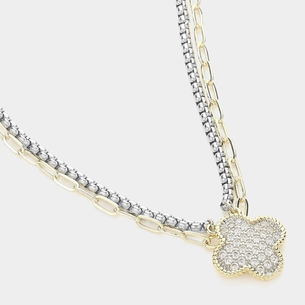 14K Gold Plated Quatrefoil CZ Pendant Layered Necklace Women’s Jewelry Gift