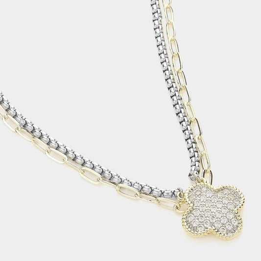14K Gold Plated Quatrefoil CZ Pendant Layered Necklace Women’s Jewelry Gift