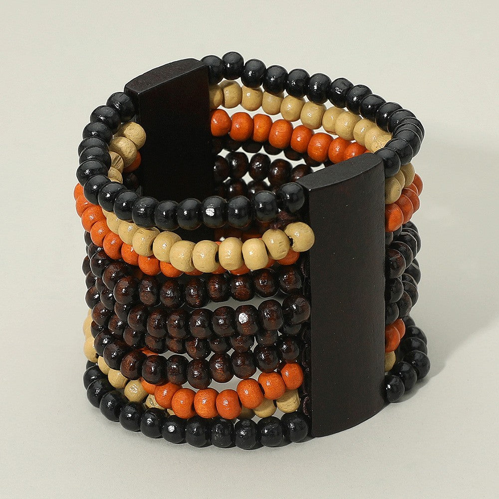 Boho Wooden Bead Cuff Bracelet Multi-Strand Ethnic Stretch Statement Jewelry