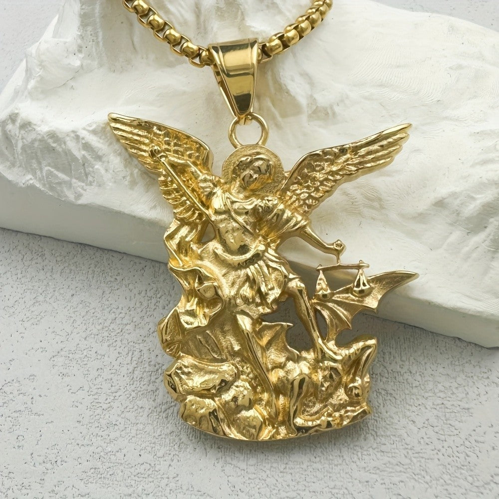 Archangel Michael Pendant Necklace Gold Stainless Steel 27.5 in Chain