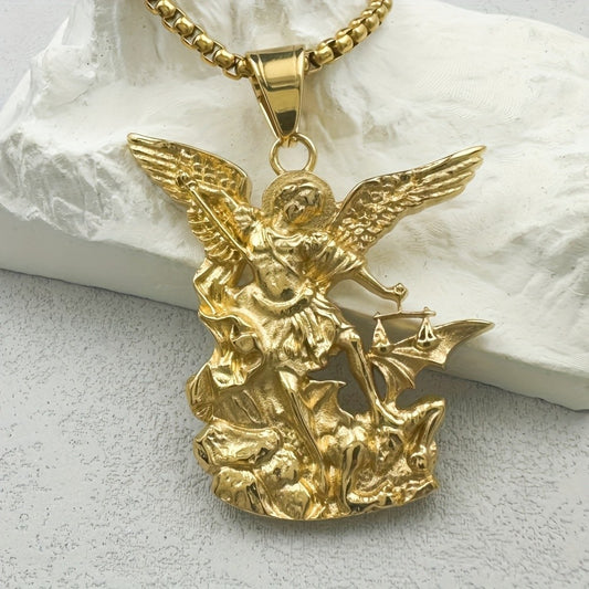 Archangel Michael Pendant Necklace Gold Stainless Steel 27.5 in Chain