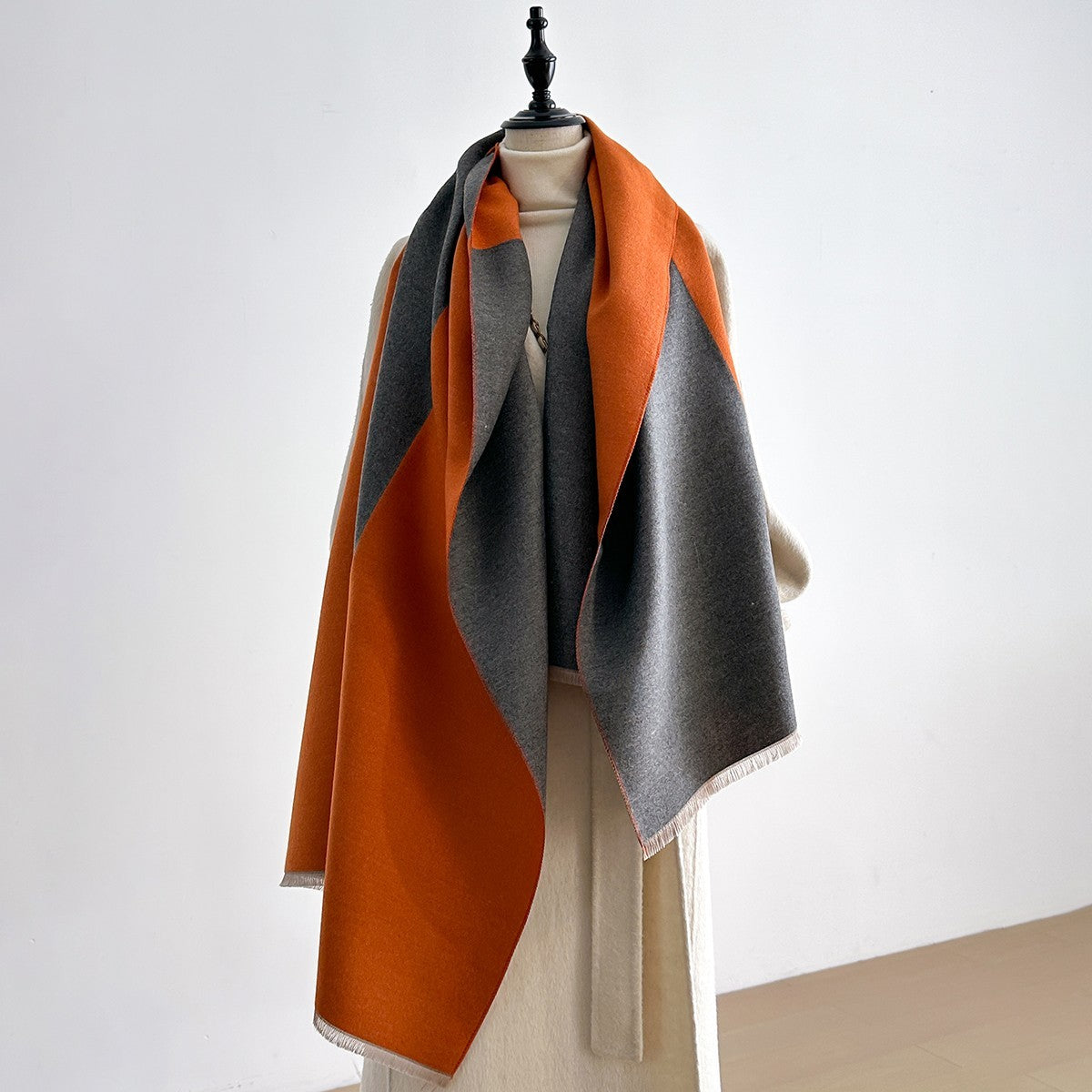 Soft Cashmere Feel Polyester Scarf Wrap Shawl 70 x 27.5 Inch Orange Gray