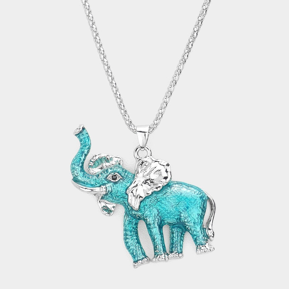 Blue Turquoise Enamel Elephant Pendant Necklace Silver Tone 24.5" Long Chain