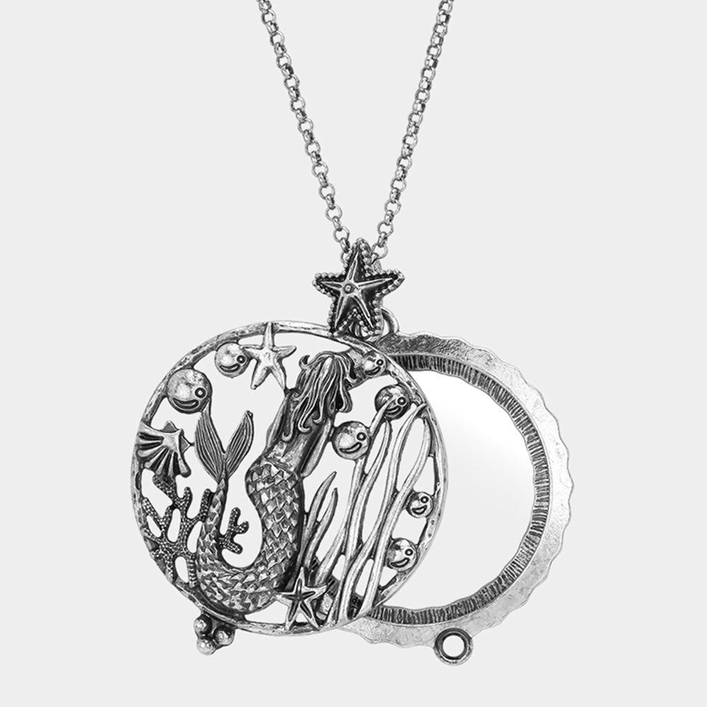 Mermaid Magnifying Glass Pendant Necklace for Women Ocean Jewelry Silver Tone