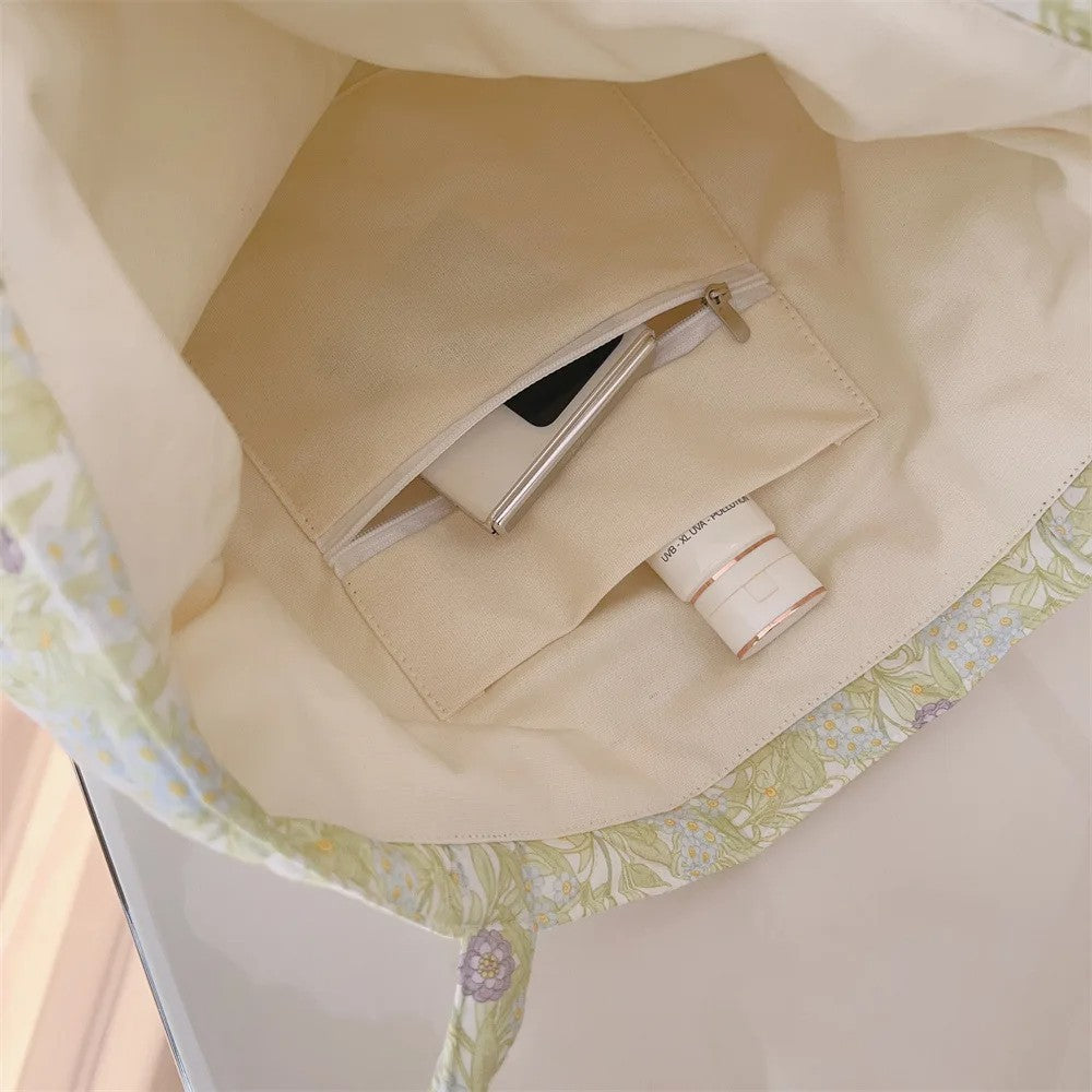 Cotton Floral Tote Bag Women Handbag Trendy Chic Quilted Padded Shoulder Bag