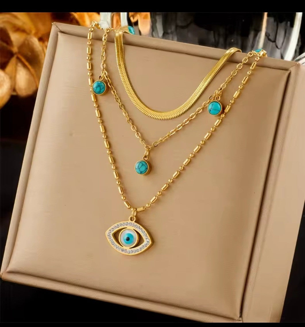 Gold Layered Evil Eye Necklace with Turquoise Accents | 3-Strand Chain Jewelry