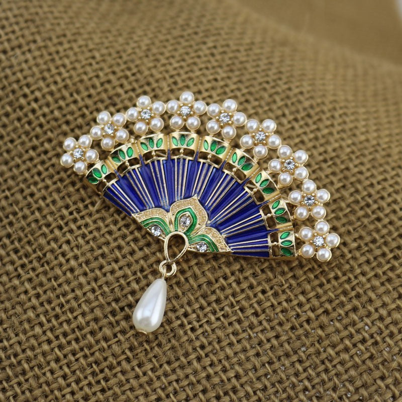 2pcs Folding Fan Brooch Pin Pearl Rhinestone Vintage Enamel Jewelry Set