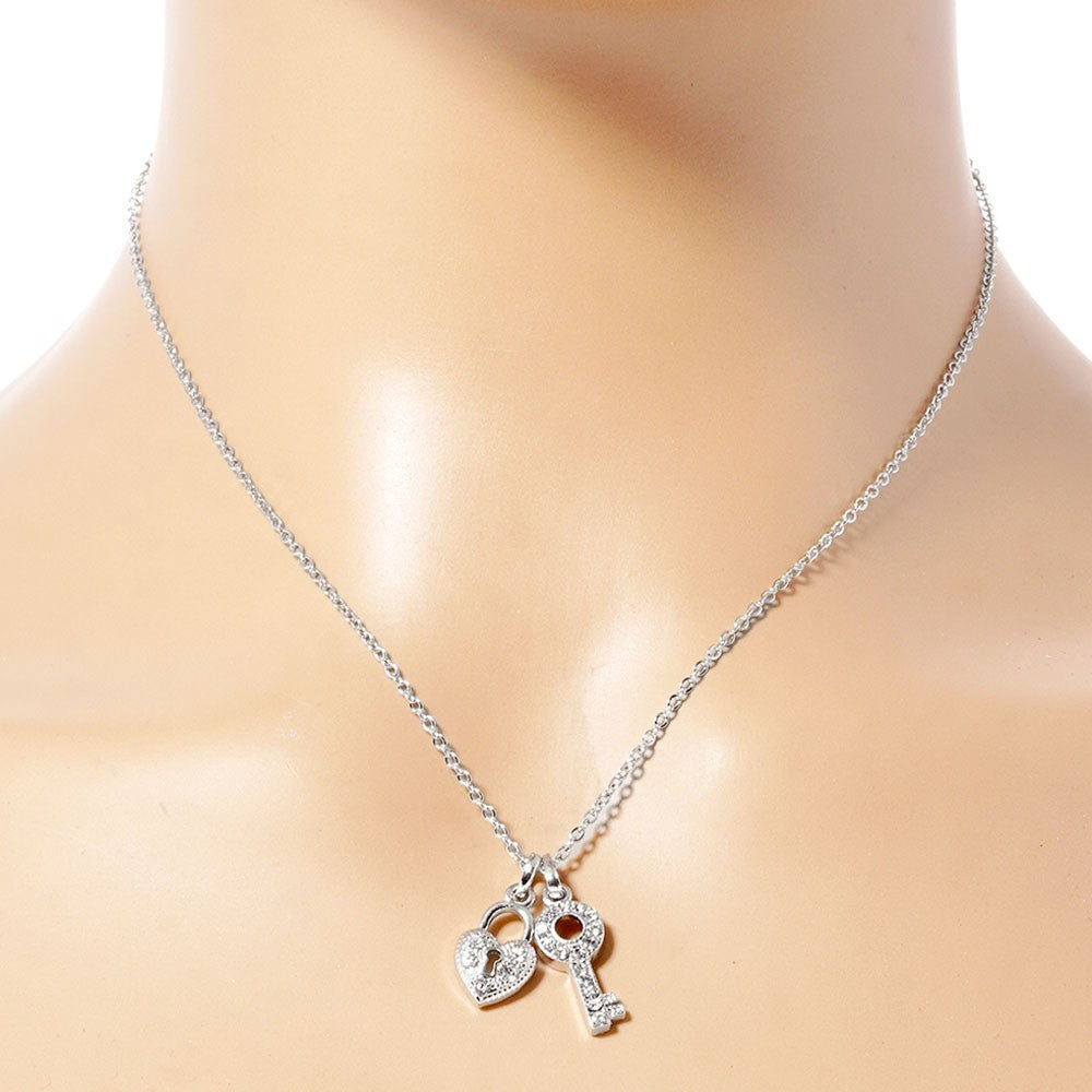 Silver Heart Lock and Key Pendant Necklace Sparkly Crystal Charms Gift