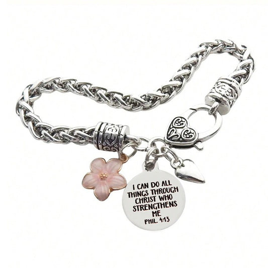 Silver Tone Philippians 4:13 Scripture Charm Bracelet Faith Gift for Women
