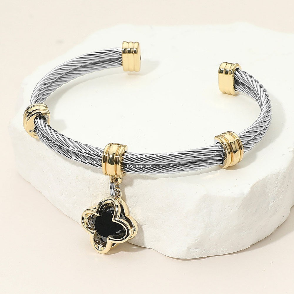 Two Tone Twisted Cable Cuff Bracelet with Black Quatrefoil Charm Stainless Steel