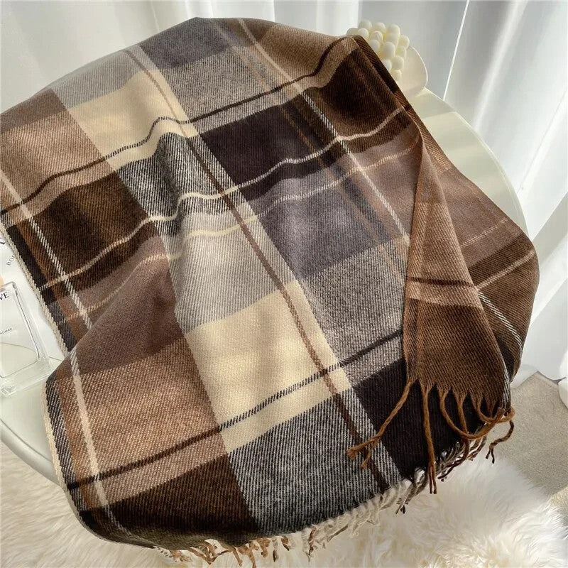 Elegant Plaid Tassel Scarf for Women & Men Brown & Beige Winter Shawl Fall Wraps