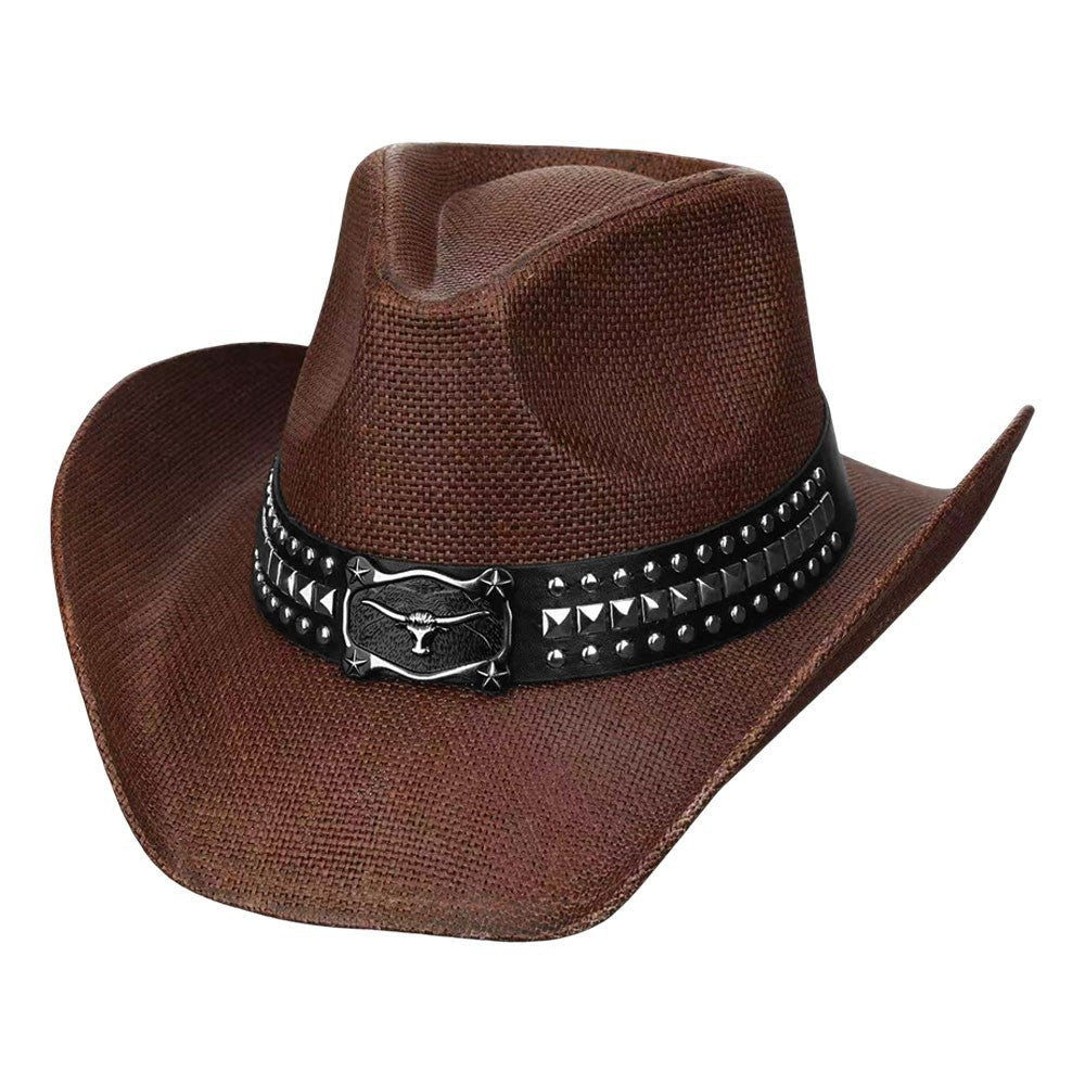 Women's Straw Cowboy Hat Metal Steer Head Buckle Studded Faux Leather Band Brown