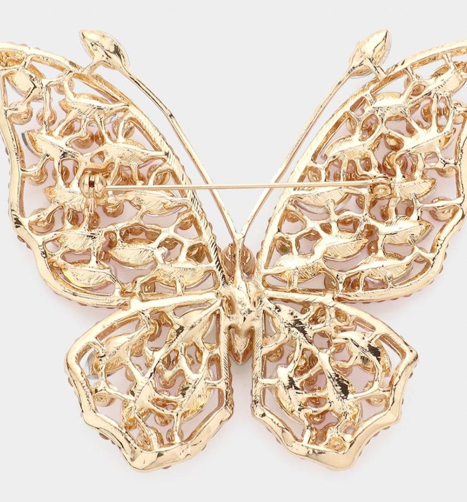 Pink Crystal Butterfly Brooch Gold Tone Large Statement Pin 4 x 3.5 Inch