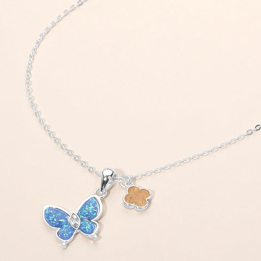 Blue Faux Opal Butterfly Clover Charm Pendant Necklace Silver Tone Jewelry New