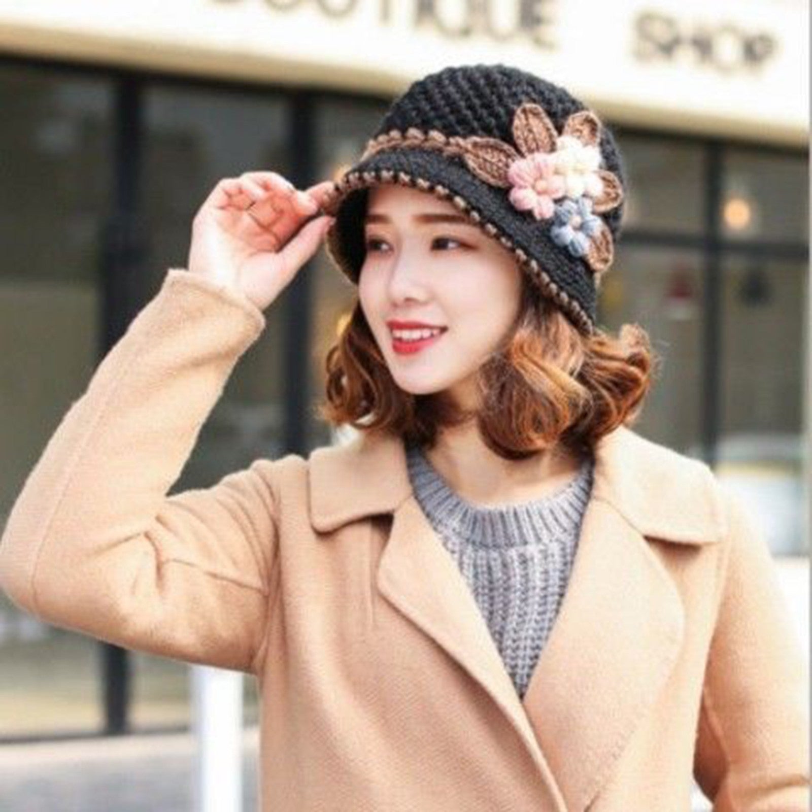 Handmade Crochet Black Cloche Hat Vintage 1920s Style Floral Accent